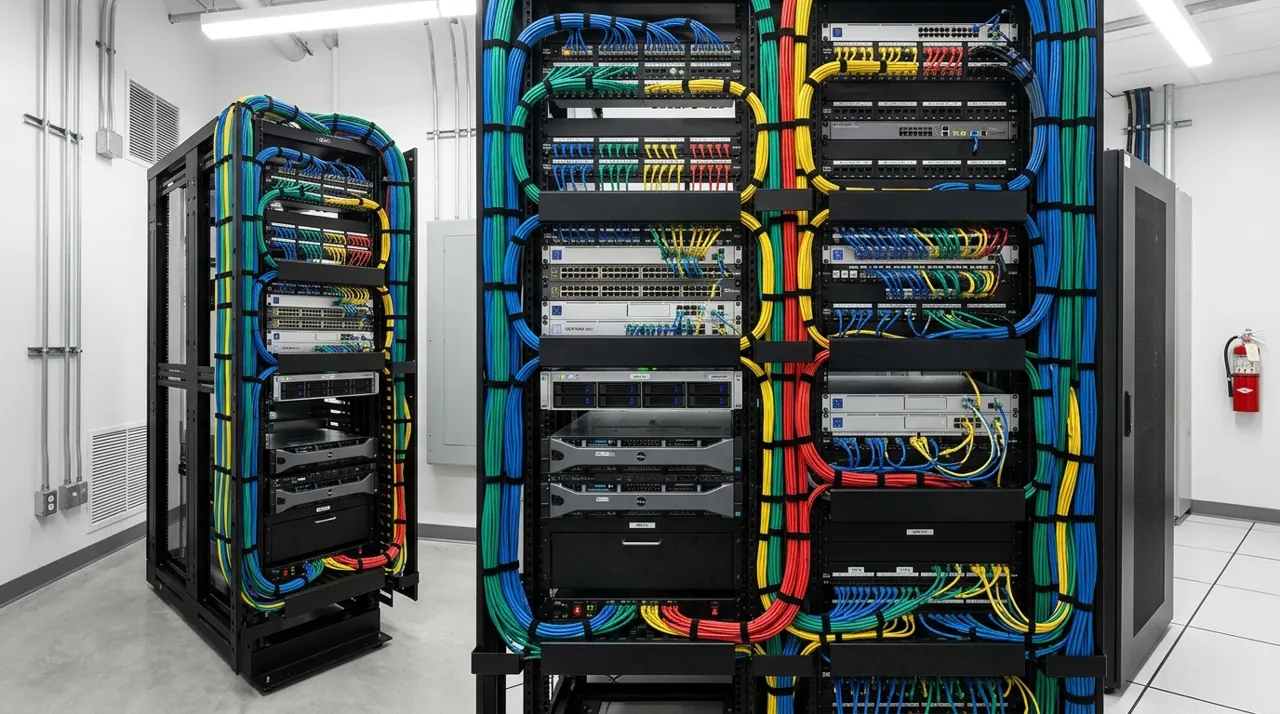 A wired server rack in a utility room