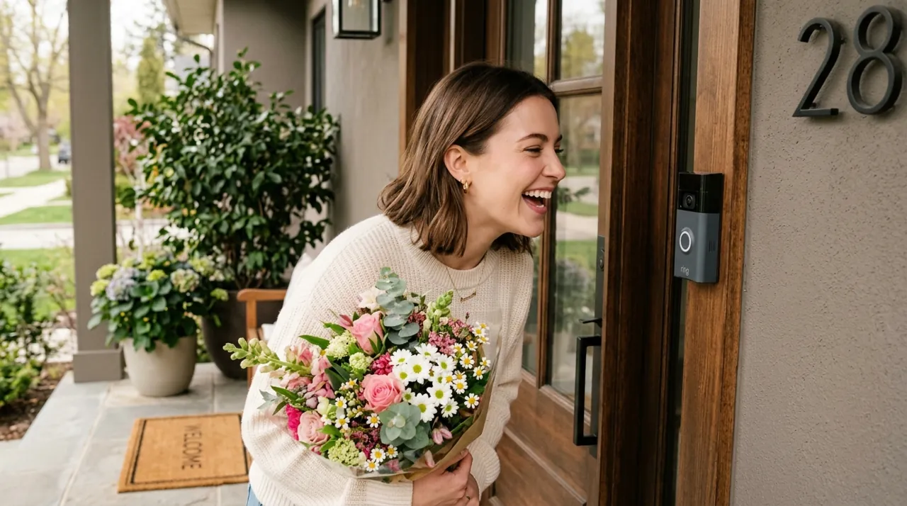 A woman speaking to a video doorbell