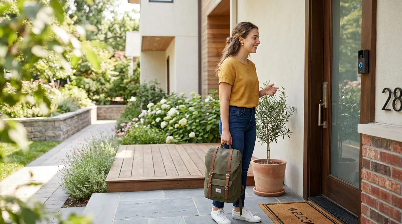 A woman talking to a video doorbell