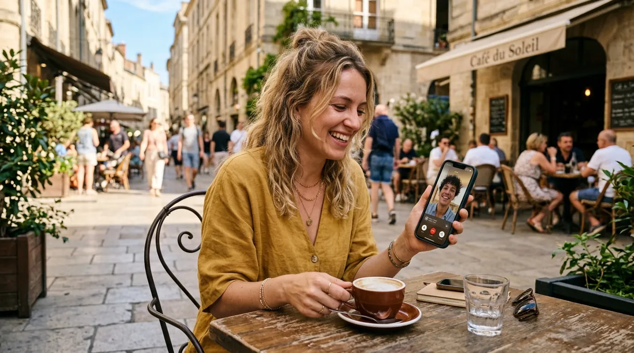 A woman using a camera app outdoors
