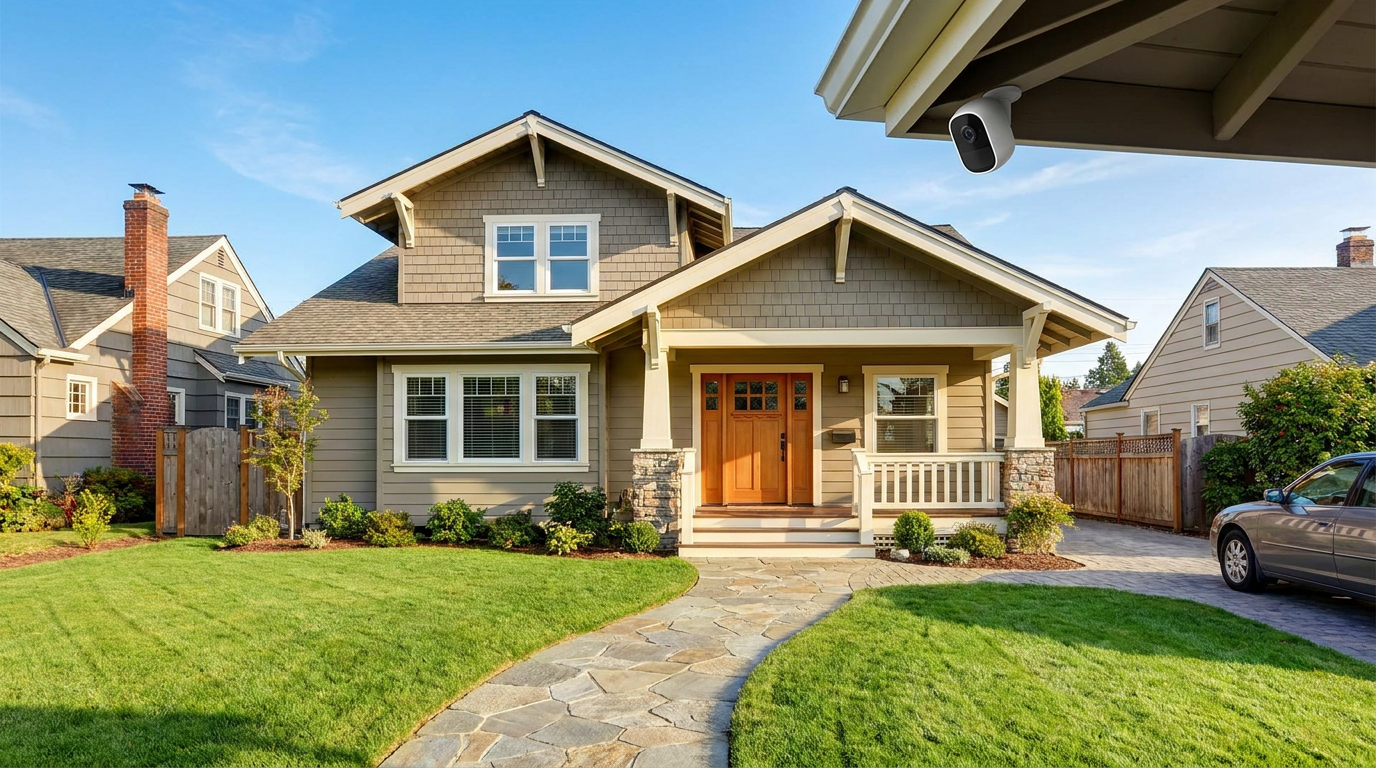 An outdoor security camera mounted under the eave of a house, overlooking the front yard — illustrative photo, not an actual customer installation