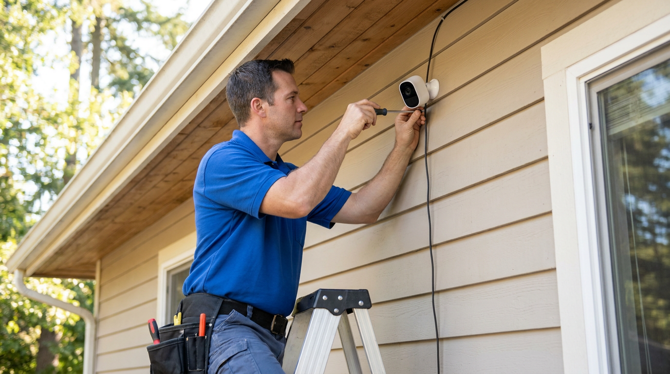 An electrician running Ethernet cable to install a wired PoE security camera on the exterior of a house — illustrative photo, not an actual customer installation