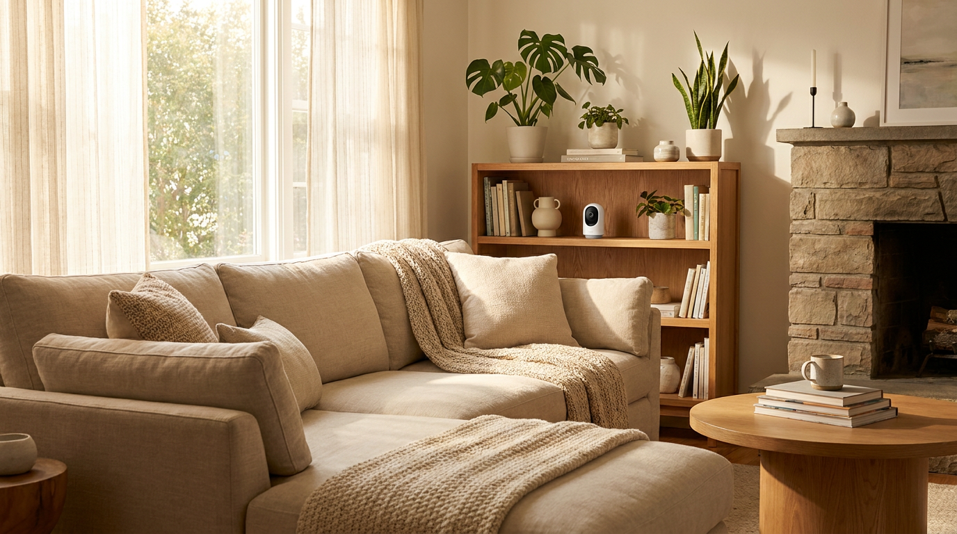 An indoor security camera on a shelf in a living room, positioned to cover the main entry point — illustrative photo