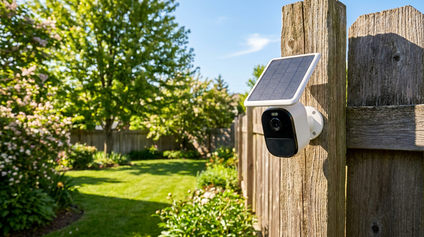 A solar-powered security camera mounted on a backyard fence post, its panel angled toward direct sunlight — illustrative photo