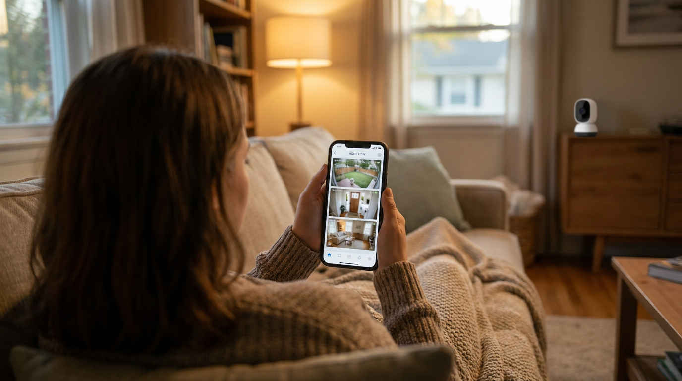 A homeowner checking a security camera's live view and motion alerts on a smartphone app — illustrative photo
