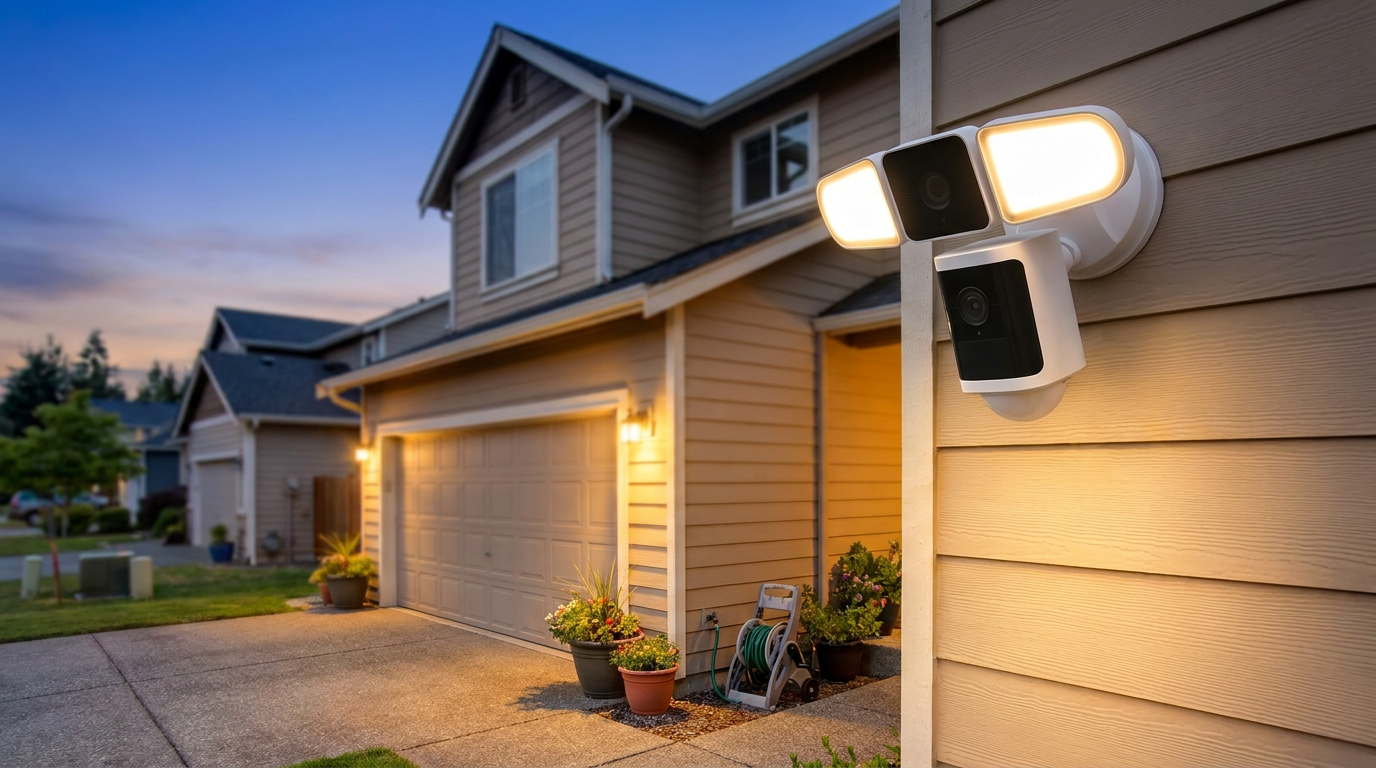 A motion-activated floodlight security camera lighting up a driveway at dusk — illustrative photo