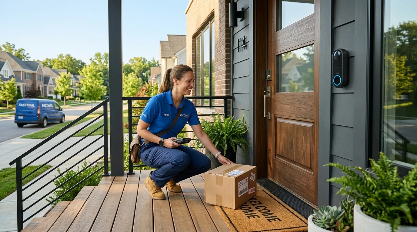 A courier delivering a parcel on a home's front porch beside a video doorbell camera