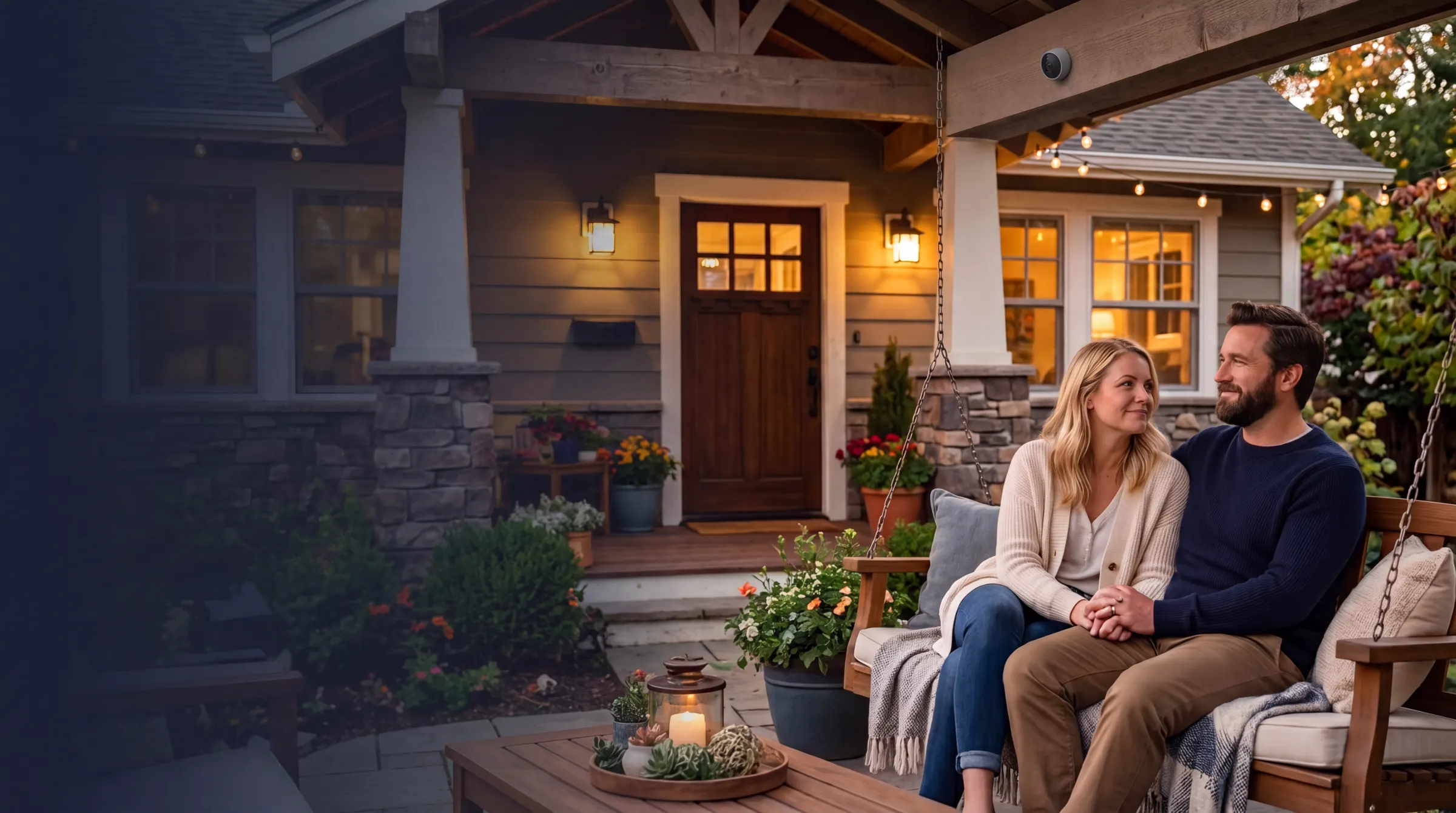 A couple relaxing on their front porch at dusk beneath a home security camera